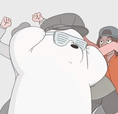 an animated image of a man with glasses and a big white bear in front of him