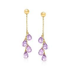 Ross-Simons - 8.25 ct. t. w. Amethyst Drop Earrings in 14kt Yellow Gold. Dangling with lucent teardrop briolettes of 8.25 ct. t. w. amethyst, these lively drop earrings bring the brightness of gemstones to the center of your style. Crafted in polished 14kt yellow gold with glossy ball tops and slinky cable chains. Hanging length is 1 3/4". Post/clutch, amethyst drop earrings. Amethyst birthstones are the perfect gift for February birthdays. Amethyst Gemstone Drop Earrings With Accents, Gold Amethyst Earrings With Gemstone Accents, Yellow Gold Amethyst Teardrop Earrings, Elegant Gold Amethyst Chandelier Earrings, Yellow Gold Multi-stone Amethyst Earrings, Amethyst Birthstone, February Birthday, Cable Chain, Cable