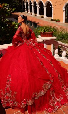 Wow the crowd in this red quinceañera dress with bell sleeves. This showstopping red quince dress comes with all the bells and whistles, from bead and stone-embellished embroidered lace to vibrant 3-D flowers. The sweetheart bodice of this open-back quince dress boasts a lace-up feature that adjusts for a comfortable fit. Embellished sheer bell sleeves add feminine flair, and the layered poofy skirt is sure to have your guests swooning. Celebrate your milestone fiesta in glamorous style when you Big Red Dress, Quinceanera Dresses Ideas, Red Quince Dress, Quinceanera Stuff, Red Quinceanera Dress, Xv Dresses, Quinceanera Dresses Red, Quinceanera Collection, Red Quince