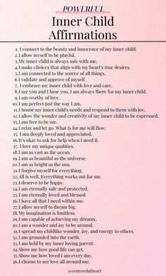 Use these inner child affirmations to heal, embrace and soothe your inner child with your loving energy as you speak these affirmations out loud to yourself preferaby in the mirror. These can be used for connecting and Inner child healing on your self development journey. 🌸 Save these for later! 🌸 Comment which one is your favorite! ✨ Heal Inner Child Journal, Affirmations For Inner Child Healing, Inner Child Healing Affirmations, Inner Child Healing Activities, Healing Inner Child Prompts, How To Heal Inner Child, Healing Inner Child Quotes, How To Heal Your Inner Child, Inner Child Healing Art