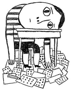 a drawing of a person sitting at a desk with dominos scattered around him and his head resting on the table