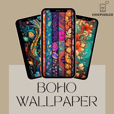 the cover of boho wallpaper is shown with colorful flowers and leaves on it