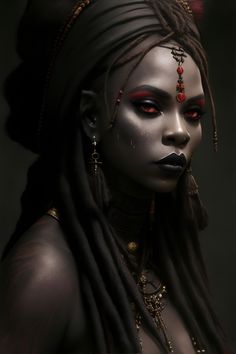 a woman with black makeup and red eyes