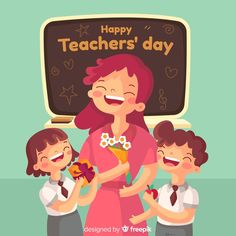 a teacher's day card with three children holding flowers and an apple in front of a chalkboard