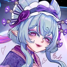 an anime character with blue hair and purple eyes, wearing a headband in front of a