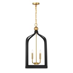 a black and gold chandelier with three candles hanging from the bottom, on a white background