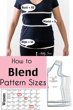 a woman wearing a black shirt with the words how to blend pattern sizes on it