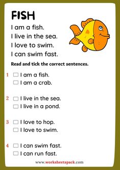 a fish worksheet with the words i am a fish, i live in the sea and i love to swim