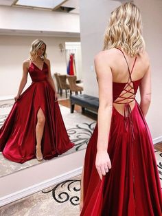 V Neck Backless Burgundy Satin Long Prom Dresses 2020 with Leg Slit, Open Back Burgundy Formal Graduation Evening Dresses, Party Dresses Sukienki Maksi, Simple Evening Dress, Prom Dress Burgundy, Burgundy Evening Dress, Simple Prom Dress Long, Cheap Prom Dresses Long, Prom Dresses Simple, Prom 2023