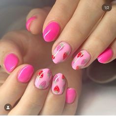 Pink Square Nail Designs, Strawberry Nails Pink, Strawberry Gel Nails, Nails With Strawberries, Strawberry Nails Short, Strawberry Manicure, Cute Strawberry Nails, Strawberry Nails Acrylic, Strawberry Nails Designs