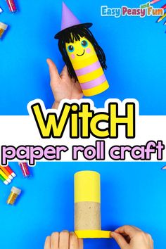 a hand holding a paper roll with the words witch on it and colorful crayons around