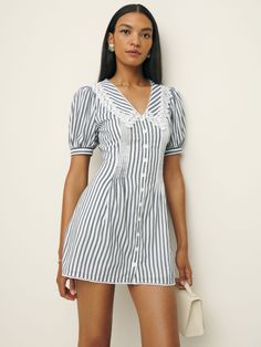 How classic. Shop the Nonie Dress from Reformation, a sleeveless mini-length dress with a v-neckline, big collar, and a button front. Big Collar Dress, Time Clothes, Vintage Revival, Big Collar, Swimwear Dress, Striped Mini Dress, Vintage Inspired Dresses, A Button, Button Down Dress