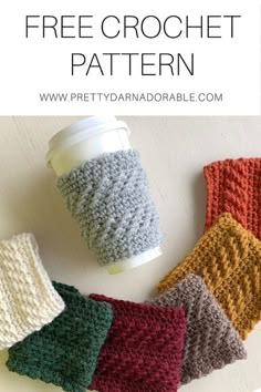 crocheted coffee cup cozyies with text overlay that says free crochet pattern