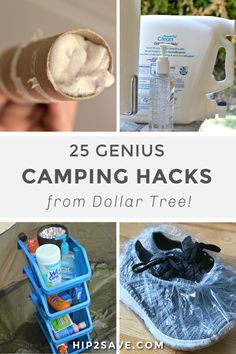 collage of camping hacks from dollar tree