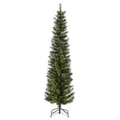 a tall artificial christmas tree with lights on the top and bottom, in a black metal stand