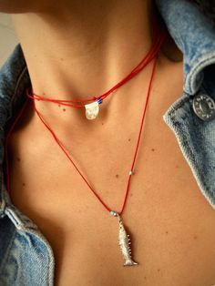 Mode Ulzzang, Lover Necklace, String Necklace, Fish Necklace, Lovers Necklace, Silver Fish, Red String, Dope Jewelry, Red Necklace