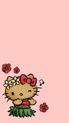 a hello kitty wallpaper with red flowers and music notes on the bottom right corner