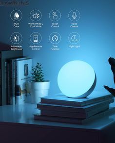 an illuminated ball sits on top of books in front of a blue background with instructions