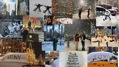 a collage of photos with people and vehicles in the snow, buildings, and street lights