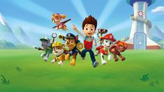 the characters from paw patrol are flying through the air in front of a green field