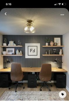 an office with two desks and shelves on the wall, along with a rug