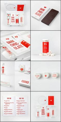 the contents of a red and white package are arranged in four different rows, including one with