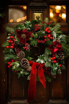 a christmas wreath with red berries, holly and pine cones hanging on a wooden door