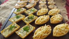 small appetizers with cheese and parmesan toppings are arranged on a tray