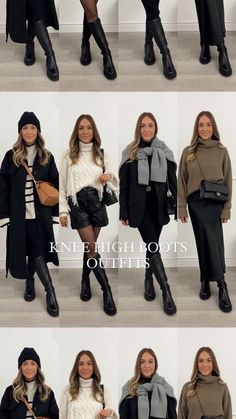 Stacie Elsmore on Instagram: "10 ways to wear knee high flat boots 🖤 which look is your favourite?! All of my outfits are shoppable on my Shop.ltk (link in my bio) ✨" Outfits For Knee High Black Boots, Autumn Outfits Boots Fall Fashion, Chelsea Knee High Boots Outfit, Knee High Outfit Boots Black, Winter Outfit With Knee High Boots, Looks With Knee High Boots, Black Knee Length Boots Outfit, Knee High Boots Casual Outfit, Knee High Boot Work Outfit