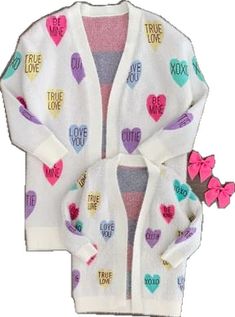 Hearts Cardigan, Heart Cardigan, Cream Candy, Candy Hearts, Heart Candy, Mom Kid, Front Design, Sleeve Designs, Boot Sandals