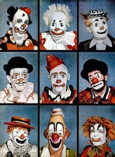 six clowns with different facial expressions are shown