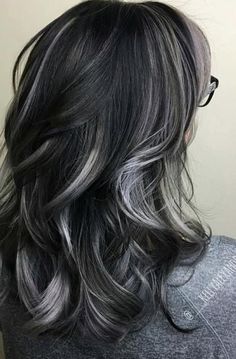 Black With Silver Highlights Short, Skunk Highlights Black Hair, Black Hair With Frosted Tips, Black Hair With Silver Balayage, Gray Peekaboo Hair, Grey Peekaboo Hair, White Highlights On Black Hair, Silver Highlights On Dark Hair, Black Hair With Platinum Highlights