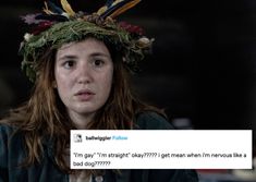 a woman wearing a bird headdress on top of her head with the caption'i'm gay, straight old???????????????????????????????