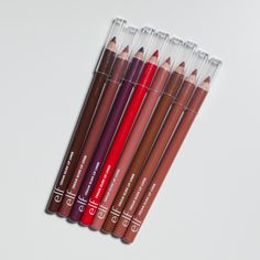 Elf Cream Glide Lip Liners come in 8 shades and go for $2 each. They are a creamy, comfortable, easy to apply formula with quick color payoff that come in a wooden pencil. The pencils are a tiny bit on the shorter side but otherwise have a standard diameter and will fit into a standard pencil sharpener. Tattoo Lip Liner, Lip Liner Swatches, Elf Tattoo, Creamy Lipstick, Lip Liners, Natural Lip Colors, Wooden Pencil