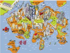 an illustrated map of the world with buildings and other things on it's surface