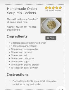 the ingredients for homemade onion soup mix packets are shown in this info sheet, which includes instructions