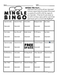 a printable game with the words mingle bingo and free space on it