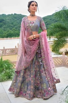 Steel Grey Embroidered Silk Designer Lehenga Set Grey Lehenga, Nikkah Dress