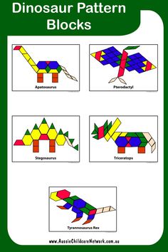 the dinosaur pattern blocks is shown with four different colors and shapes to make it look like they