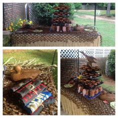 there are pictures of different things made out of rocks and logs in the yard, including a bird on top of a stack of rocks