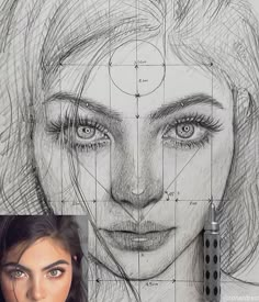 a woman's face is shown next to a drawing