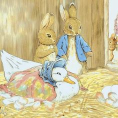 two rabbits sitting next to each other on top of a bed with a duck in the foreground