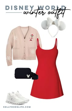 a red dress with mickey mouse ears on it and a cardigan sweater over the top