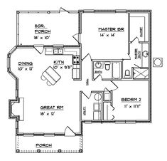 the floor plan for a two bedroom, one bath house with an attached kitchen and living room