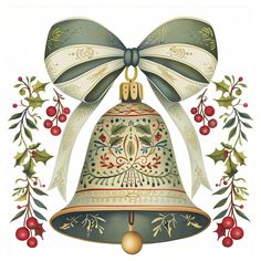 a bell with a bow on top and holly decorations around the bell is surrounded by berries