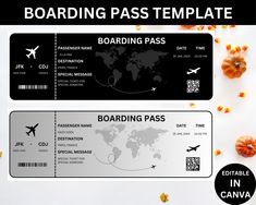 boarding pass template with airplane and world map on the front, in black and white