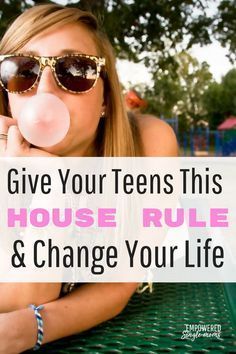 a woman blowing bubbles with the words give your teens this house rules and change your life