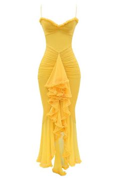 Feel your most striking in this dramatic cocktail dress featuring a waterfall of fluttery ruffles down the front and a signature powermesh lining for lots of support. Exclusive retailer Hidden back-zip closure Sweetheart neck Adjustable straps Powermesh lining 85% polyamide, 15% elastane with 100% polyester contrast Dry clean Imported Yellow Hippie Dress, High Low Cocktail Dress, Party Outfits For Women, Ruched Maxi Dress, Christmas Party Outfits, New Years Eve Outfits, Birthday Outfits, House Of Cb, Ruffled Maxi Dress