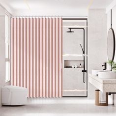 a bathroom with pink and white striped shower curtain next to a bathtub in front of a sink