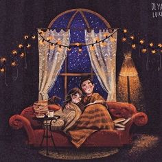 a painting of two people sitting on a couch in front of a window with string lights